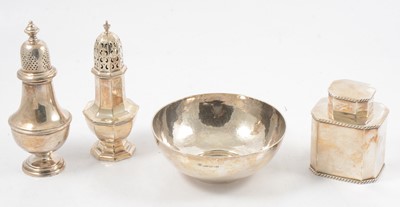 Lot 238 - Silver tea caddy, bowl and two casters