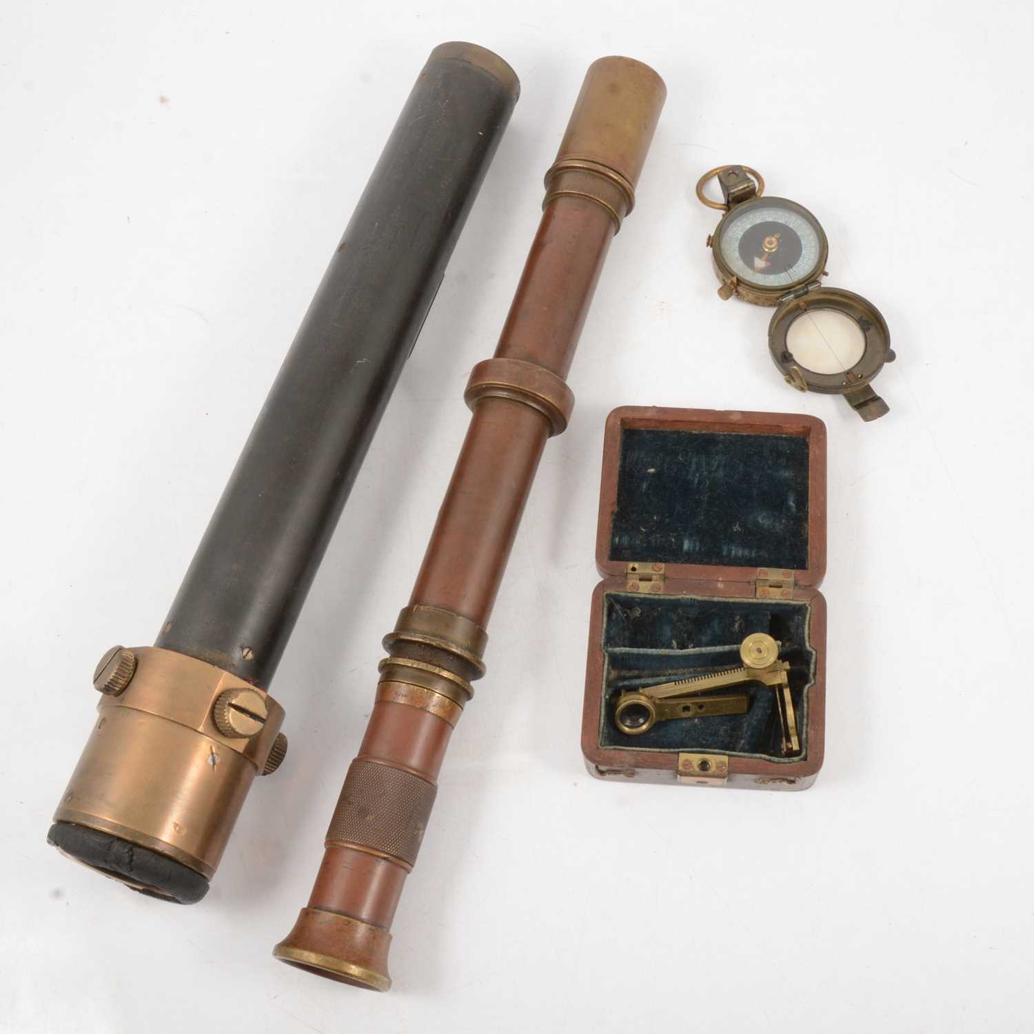 Lot 90 - W Watson & Son military gun sight, another sight,  Kemp marching compass, cased instrument.