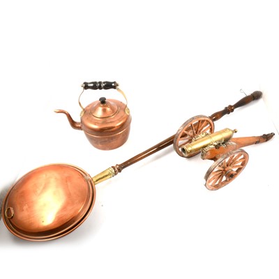 Lot 114 - A copper warming pan, kettle and handmade gun carriage.