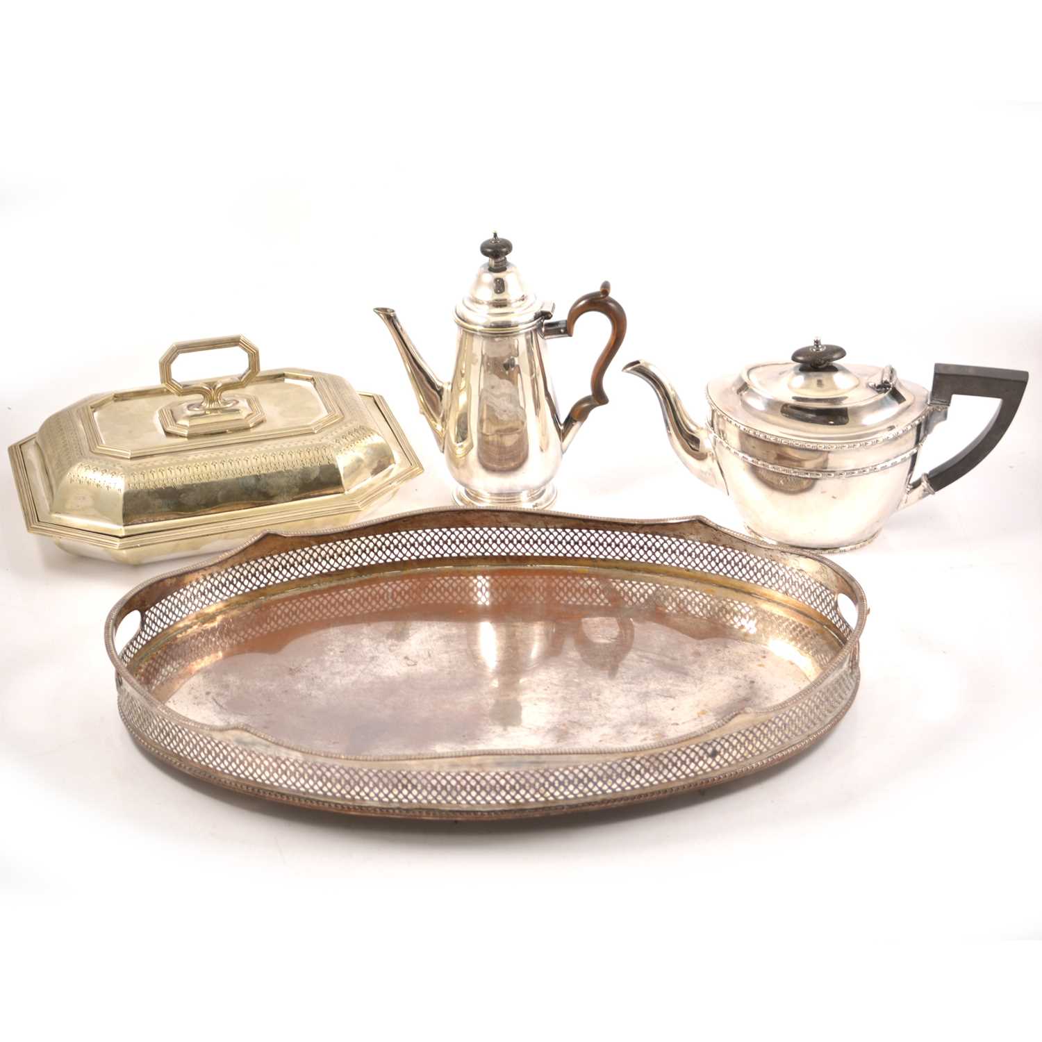 Lot 130 - One box of silver-plated wares, including entrée dish, tea pot, gallery tray, etc.