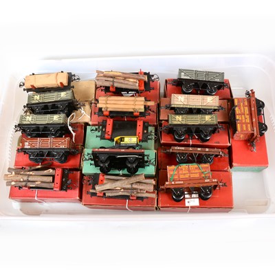 Lot 49 - Sixteen Hornby O gauge model railway low and open wagons