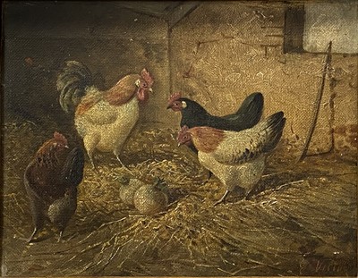 Lot 487 - E Victor, Cockerel and hens, a pair, and two other oil paintings