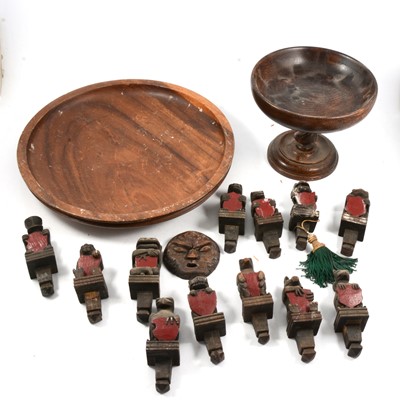 Lot 137 - Turned wooden tazza, and a quantity of carved figural finials