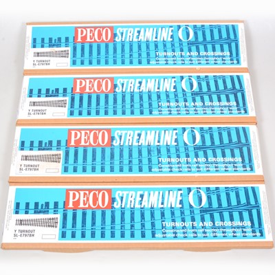 Lot 213 - Peco O gauge model railway Y points; four SL-E797BH Y turnout points, all boxed and appear unused.