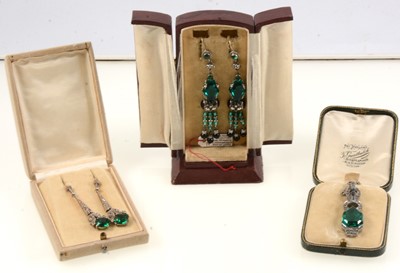 Lot 375 - Faux emerald earrings and pendant in vintage boxes.