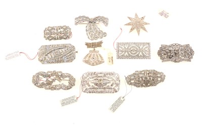 Lot 381 - Ten clear paste Art Deco style brooches, circa 1930.