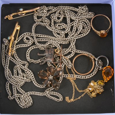Lot 387 - A white base metal guard chain, two bar brooches, necklace, two rings, smoky brooch.
