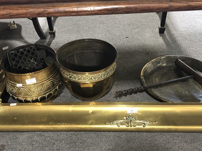 Lot 332 - Brass fender, two fern pots, trivet, Dutch brass pan, auger