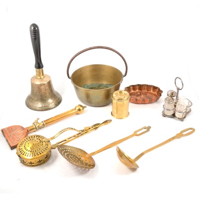 Lot 185 - Brass jam pan, chestnut roasters, ladle, horse singeing tool, plated cruet, brass hand bell, copper jelly mould.