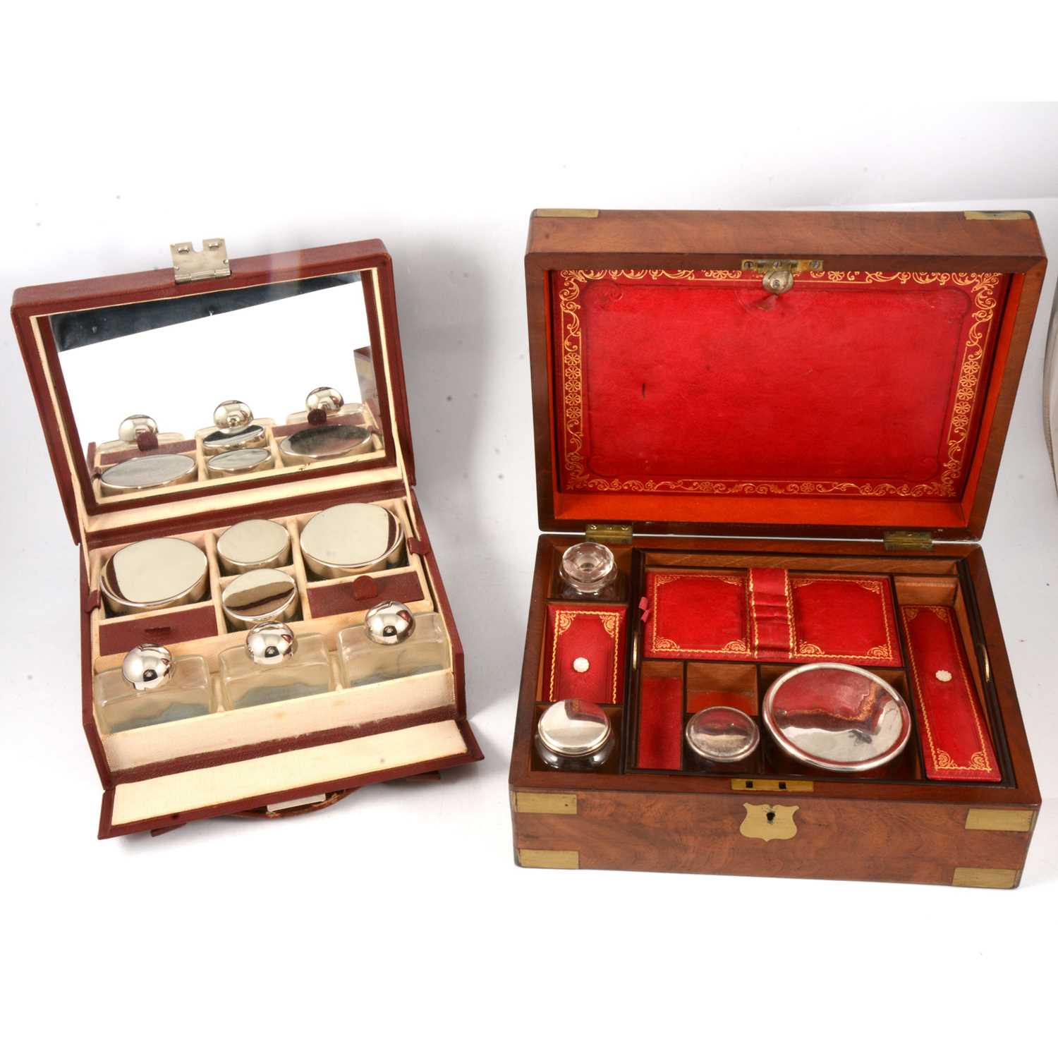 Lot 116 - A walnut writing box and lady's travelling toilet set, both with fitted interiors.