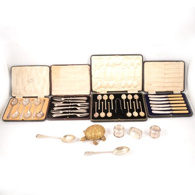 Lot 235 - Silver-handled pastry forks, other silver and plated items, and a Looping tortoise alarm clock.