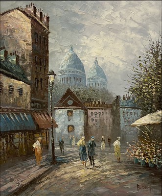 Lot 491 - Burnett, Parisian scene, oil and three other oil paintings