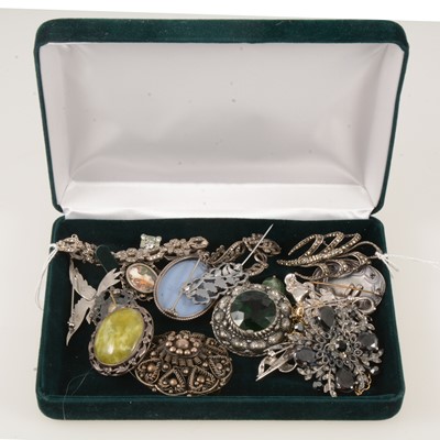 Lot 389 - A collection of costume jewellery and Wedgwood brooches, pendant, silver compact, etc.