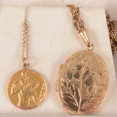 Lot 338 - A 9 carat yellow gold oval locket and chain and a St Christopher and chain.