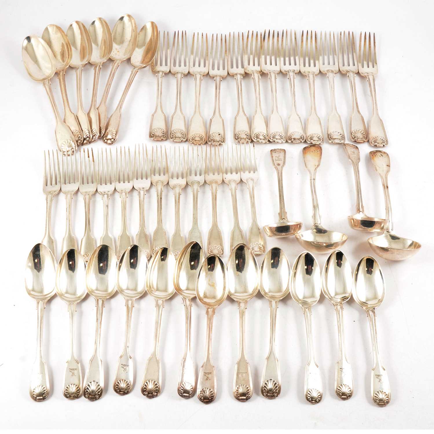 Lot 53 - Matched canteen of Fiddle Thread and Shell pattern cutlery, William Chawner, London 1829-30, and others