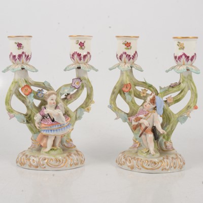 Lot 68 - Pair of small Dresden 'Augusts Rex' two-light candelabra