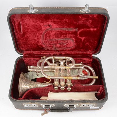 Lot 203 - A Butler, Haymarket, silver-plated cornet, with mouthpiece and case.