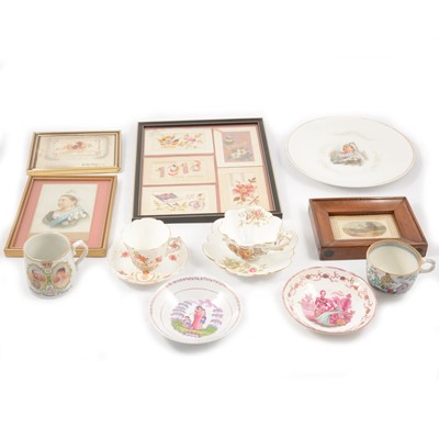 Lot 62 - Six French and greetings embroidered postcards, commemorative ceramics, postcard of Victoria.