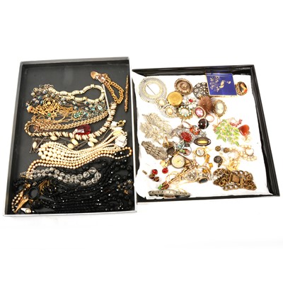 Lot 391 - Two trays of vintage costume jewellery, necklaces, Exquisite enamel brooch, brass sovereign case.