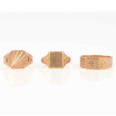 Lot 319 - Three 9 carat yellow gold signet rings.