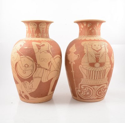 Lot 1034 - Pair of large terracotta and sgraffito vases by Gaye L G Love (Fishley Holland)