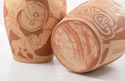 Lot 1034 - Pair of large terracotta and sgraffito vases by Gaye L G Love (Fishley Holland)