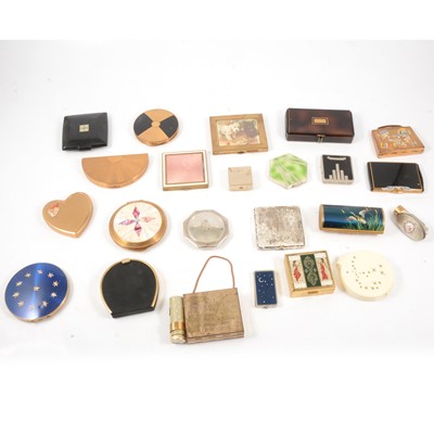 Lot 128 - Vintage "innoxa" grater, twenty-two compacts and lipstick holders, plus a book.