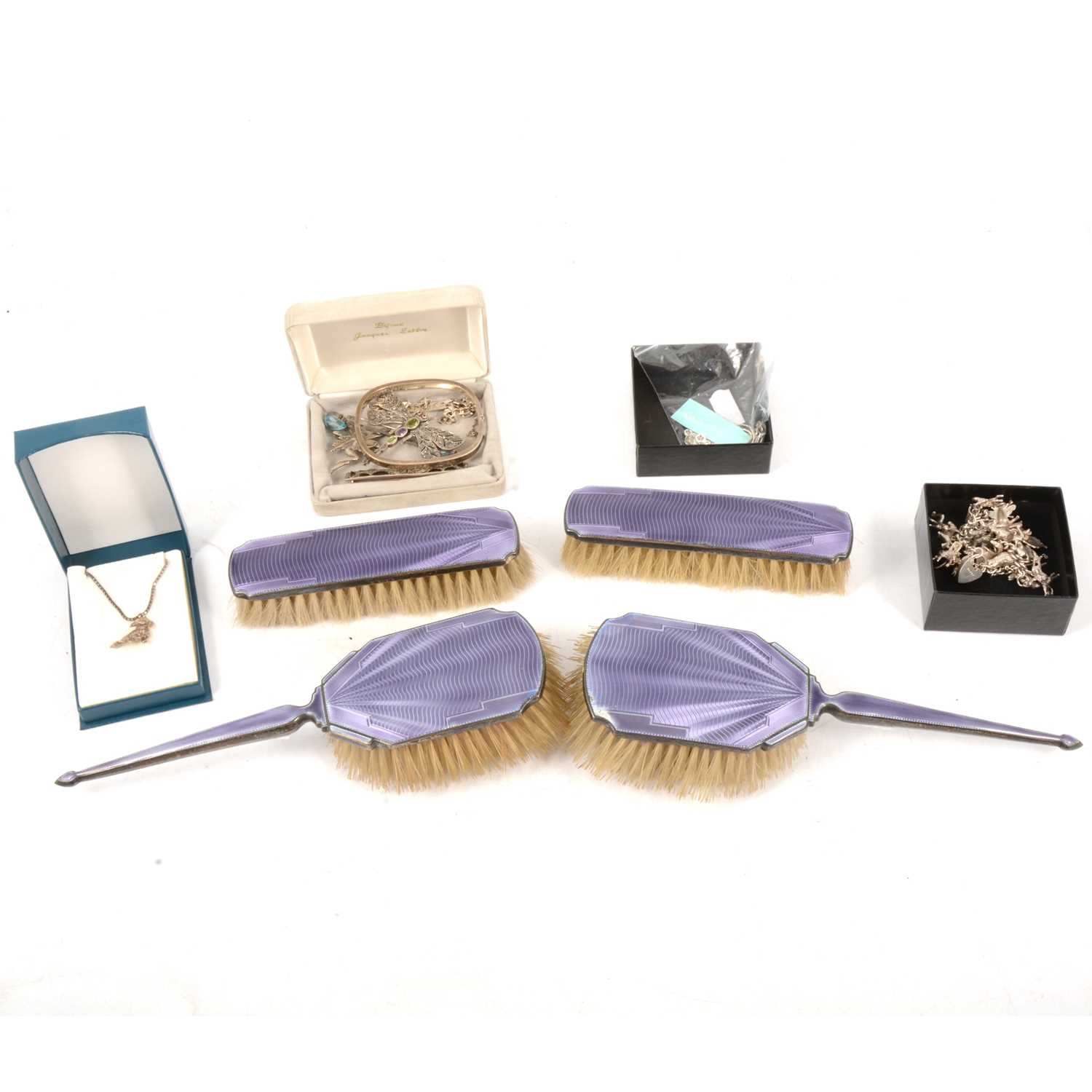 Lot 231 - Four purple enamel and silver backed brushes, plus silver and white metal jewellery.