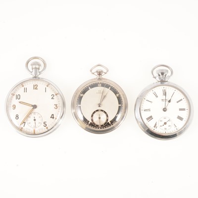 Lot 428 - Three open face pocket watches, Omega, another with military broad arrow.