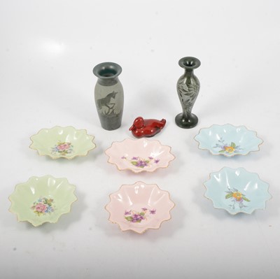 Lot 38 - Royal Doulton Flambe duck, Adderley Floral trinket dishes and hand-carved spill vases.