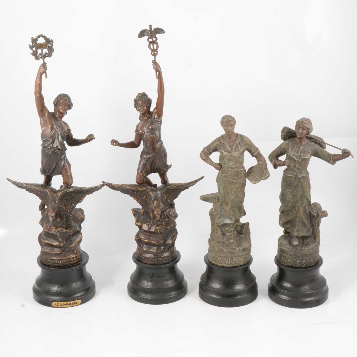 Lot 101 - Pair of spelter figures, Commerce & Industry, and another smaller pair of spelter figures