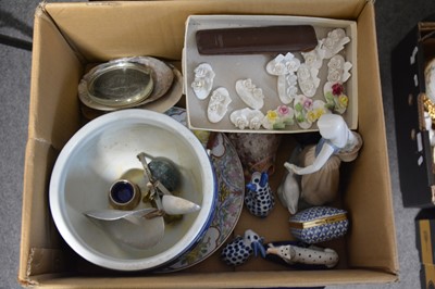 Lot 59 - Box of decorative ceramics including Nao figure, Chinese jardiniere, etc