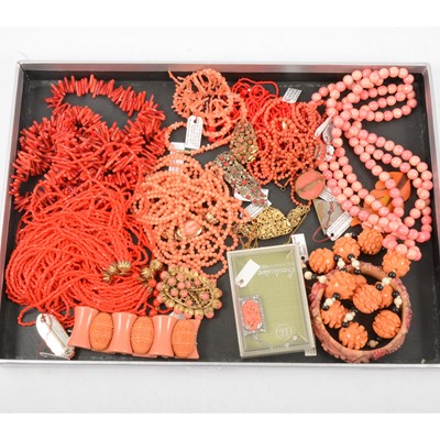 Lot 400 - One tray of vintage natural coral and simulated coral bakelite jewellery.