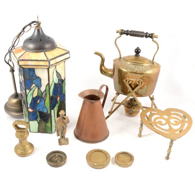 Lot 118 - A Tiffany style hanging lamp; and a box of metalware.