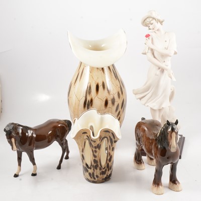 Lot 31 - Guiseppe Armani figure, two Royal Doulton horses and two Murano style glass vases