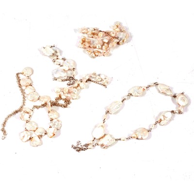 Lot 175 - Gemporia - Two baroque cultured pearl necklace and bracelet sets, one with rose quartz nuggets.