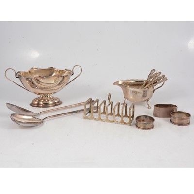 Lot 158 - Silver toast rack, Adie Brothers Ltd, Birmingham 1936, and other silver and plated items.
