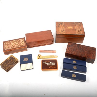 Lot 196 - Tunbridge ware workbox, another small inlaid box, travel chess set, cigars and related material