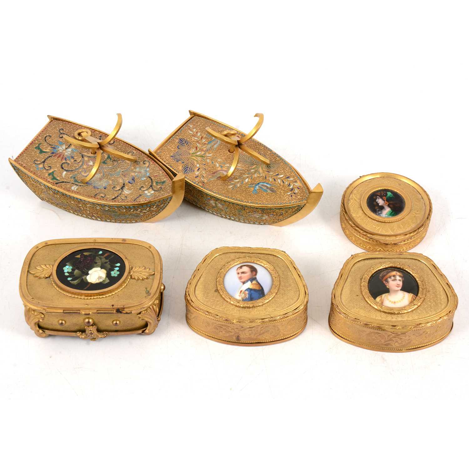 Lot 137 - Pair of French champlevé enamel and gilt metal novelty boxes, and four others.