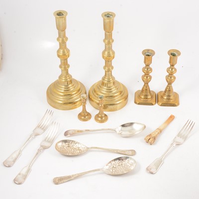 Lot 95 - Three pairs of brass candlesticks, plated flatware, bone marrow scoop, button hooks.