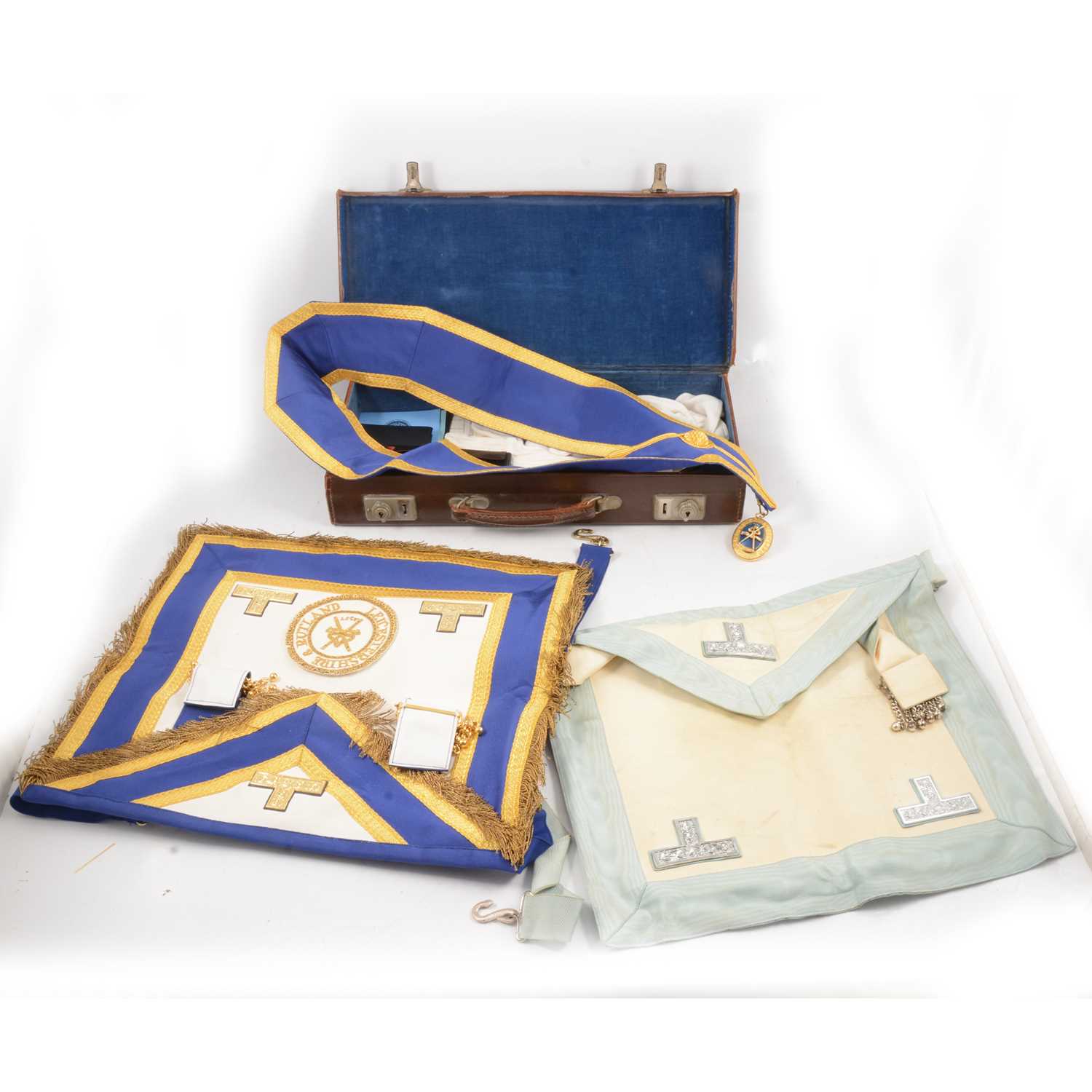 Lot 160 - Masonic interest; Regalia including aprons, sash, badges