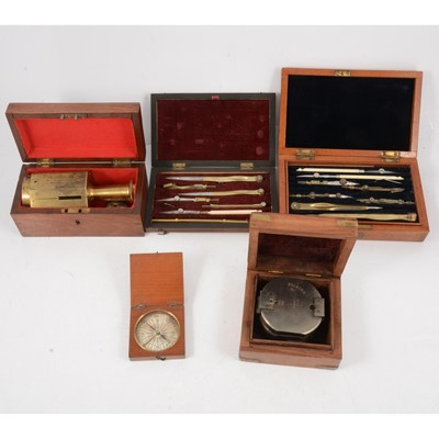 Lot 93 - Two drawing sets, cased, and three compass'