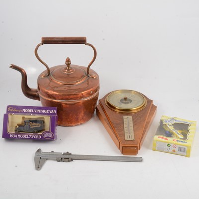 Lot 146 - Folding bakelite bookrack, copper kettle, precision tools, stationery items etc.
