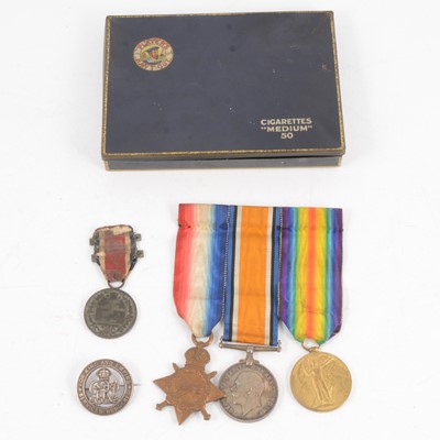 Lot 172 - Medals - A WW1 group of 3, a Services Rendered Badge, and a King's Medal for Attendance etc.