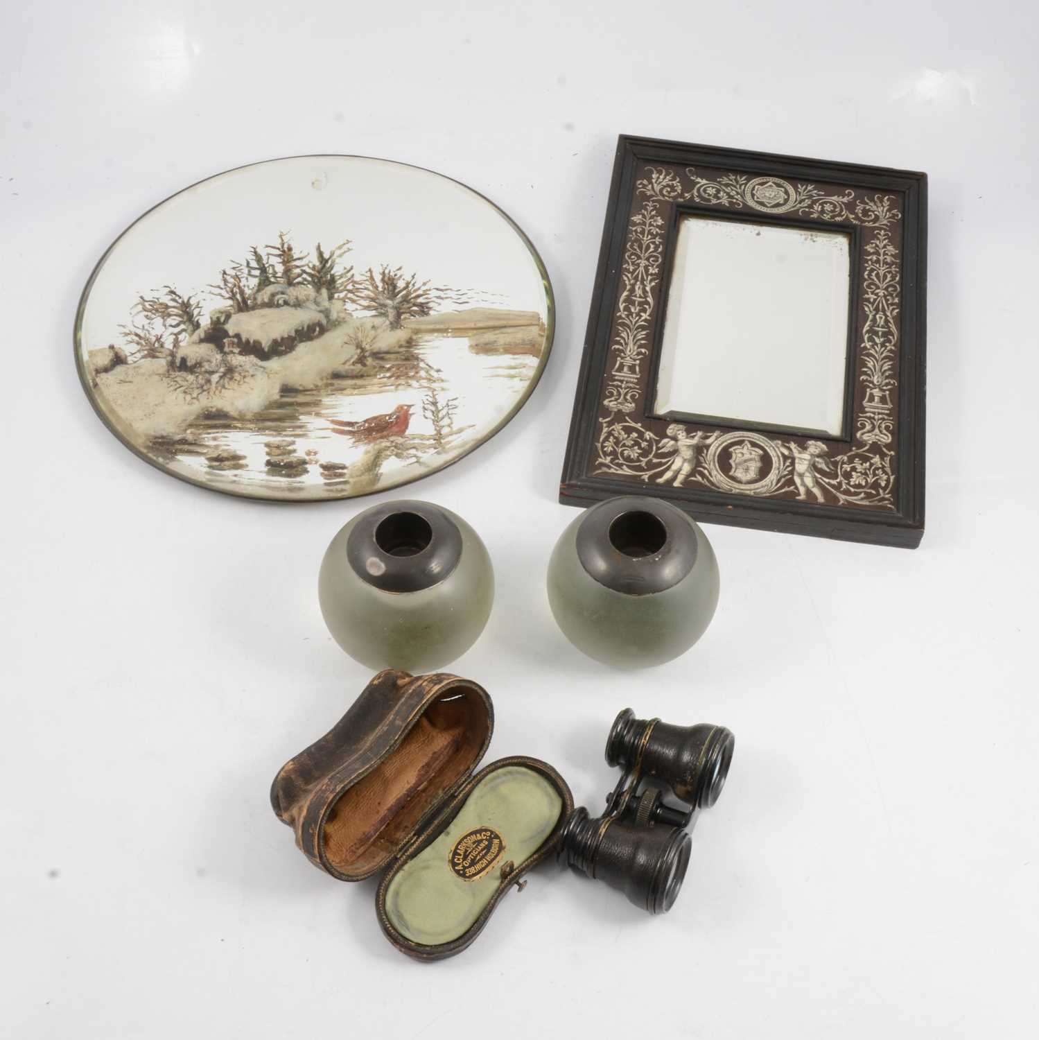 Lot 137 - Milanese inlaid mirror, a painted mirror, two match strikers and opera glasses