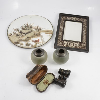 Lot 137 - Milanese inlaid mirror, a painted mirror, two match strikers and opera glasses