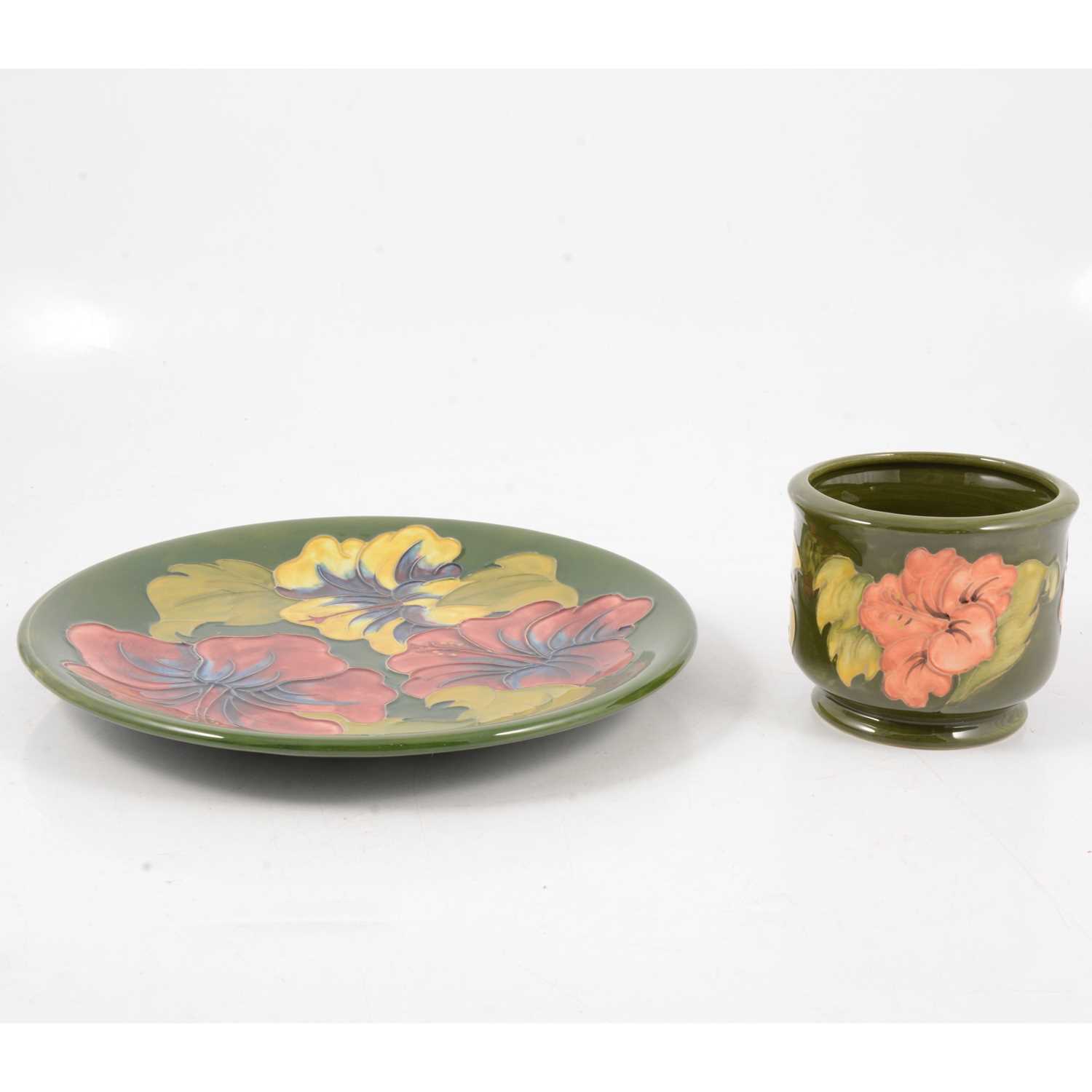 Lot 47 - Moorcroft Pottery, Hibiscus pattern jardiniere and a 10" plate
