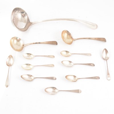 Lot 185 - George III silver ladles, marks worn, silver teaspoons and a silver-plated ladle.