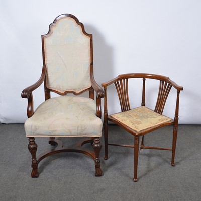 Lot 523 - French style walnut elbow chair and an oak corner chair.