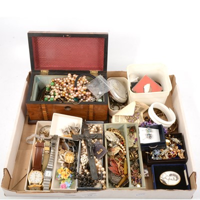 Lot 179 - Tray of costume jewellry, wristwatches, coins.